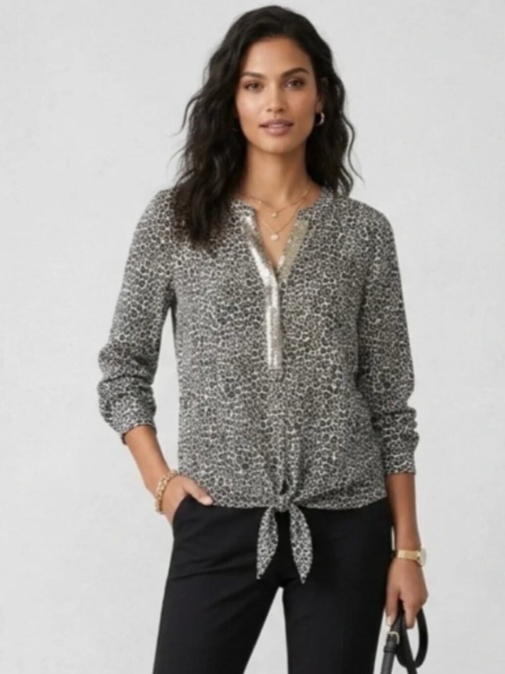 Chico's Leopard Print Front-Tie Sequin V-Neck Blouse Size XXL, Chico's Size 4